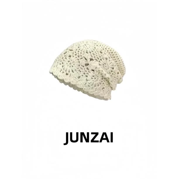 JUNZAI日系手工编织包头帽子女春秋薄款镂空毛线帽复古文艺针织帽