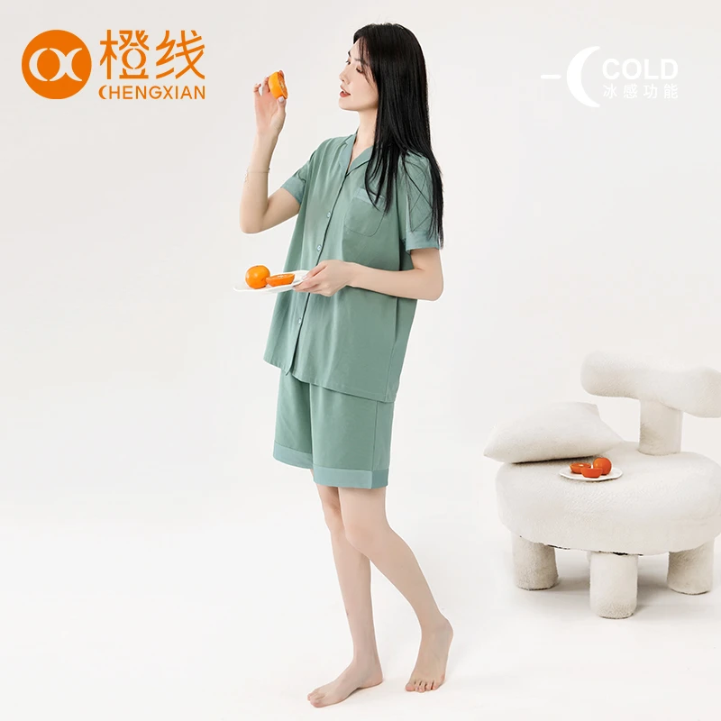 【美姐专享】橙线情侣睡衣夏季抑菌防螨冰瓷棉居服套装E83003