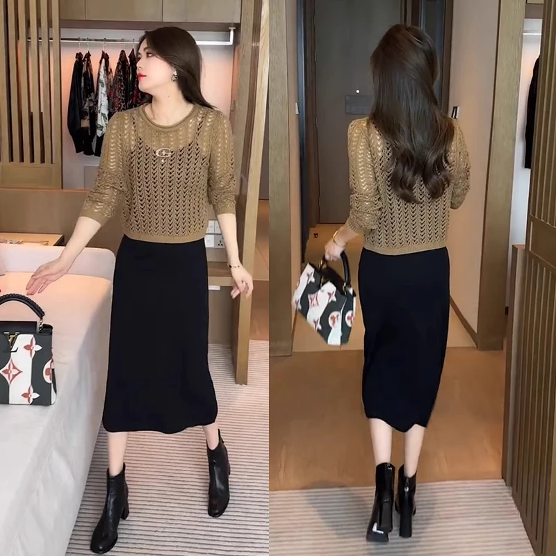 时尚洋气连衣裙套装女2025春秋新款气质针织衫吊带裙子显瘦两件套