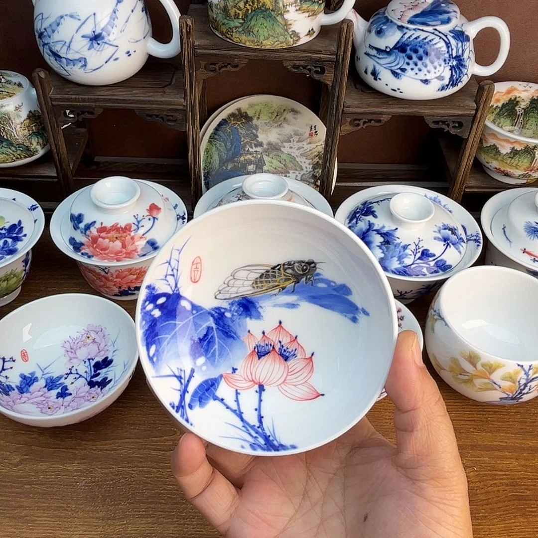 忠意堂釉下彩荷花蝉