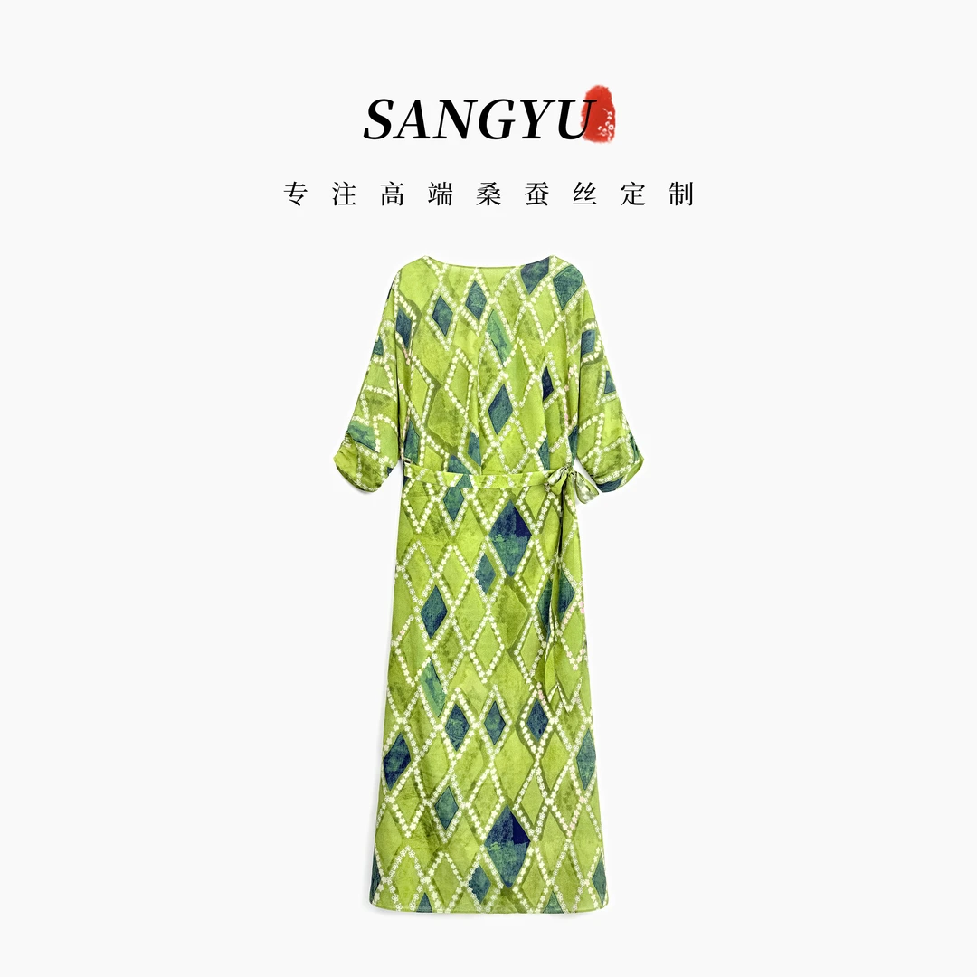 100桑蚕丝 时尚小清新 孔雀蓝优雅时尚五分袖连衣裙25SS377D