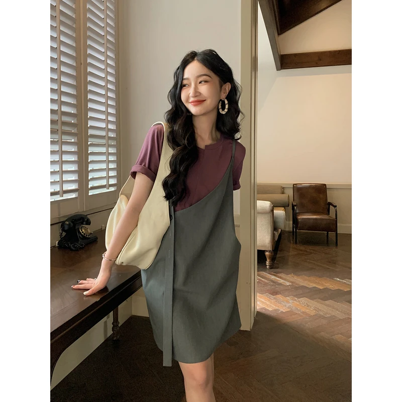 任小艺复古不规则灰色显瘦夏季女小个子设计感连衣裙短裙子A1376