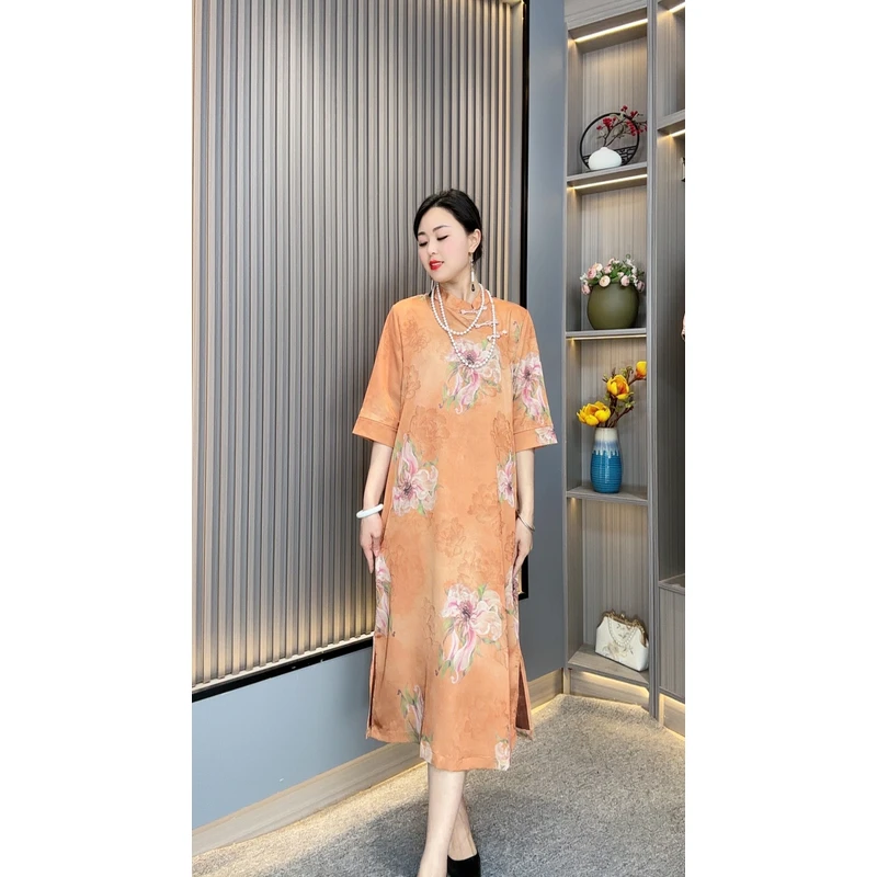 南国YJ8554妈妈装新中式国风盘扣优雅气质复古遮肉连衣裙