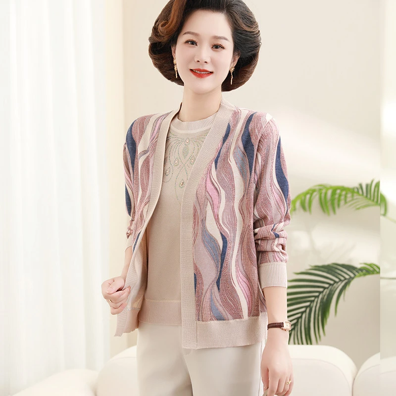 2025新款早秋短袖妈妈装时尚减龄打底针织衫上衣中老年两件套T恤