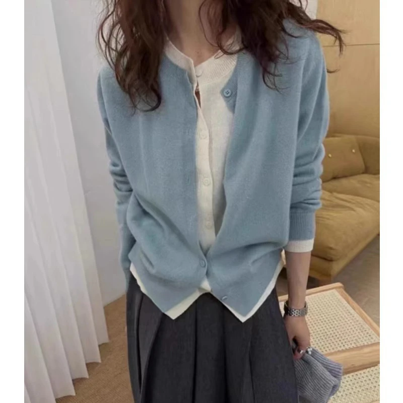 轻奢拼色假两件羊毛衫针织开衫女绒春秋宽松毛衣外套撞色韩版外搭