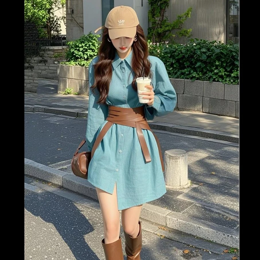 温柔风法式蓝色衬衫连衣裙子女早春2025新款高级收腰显瘦绝美短裙