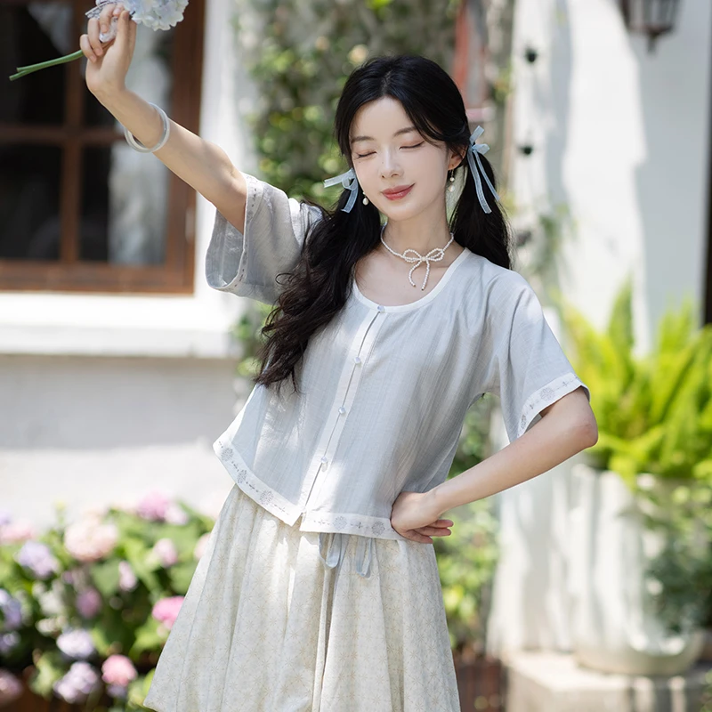 池夏【大暑:海盐气泡】唐褙子人棉花苞裙日常通勤原创改良汉服 夏