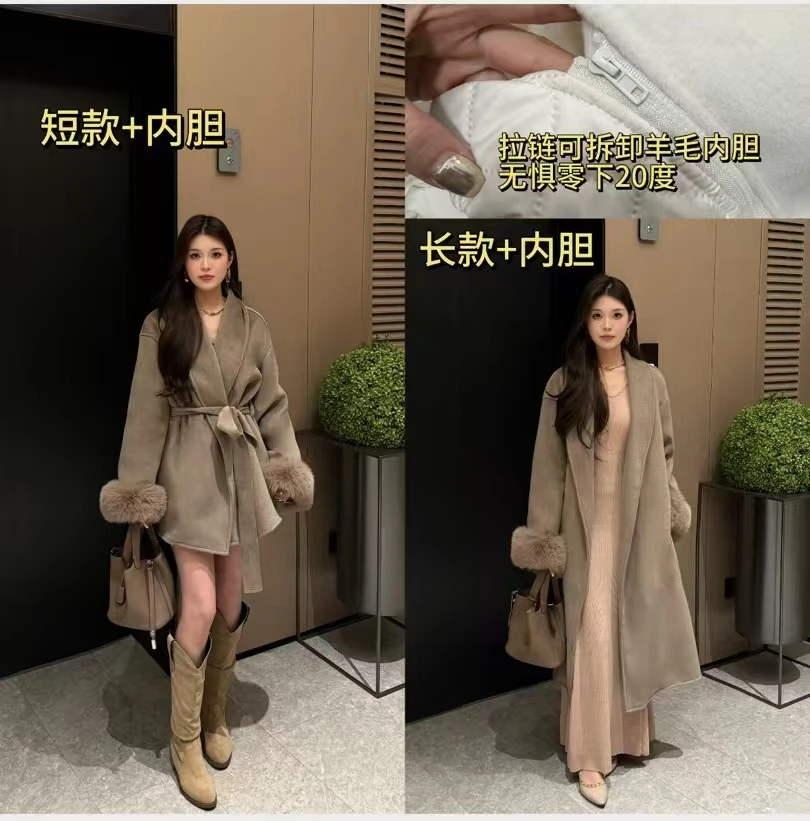 COCOKX加内胆冬季慵懒韩版气质百搭长短款羊毛大衣外套毛呢可拆卸