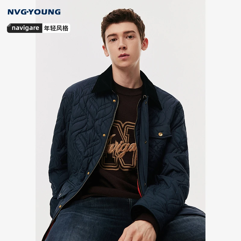 NVGYOUNG意大利小帆船蓝色复古工装夹克男冬季新款保暖棉服外套