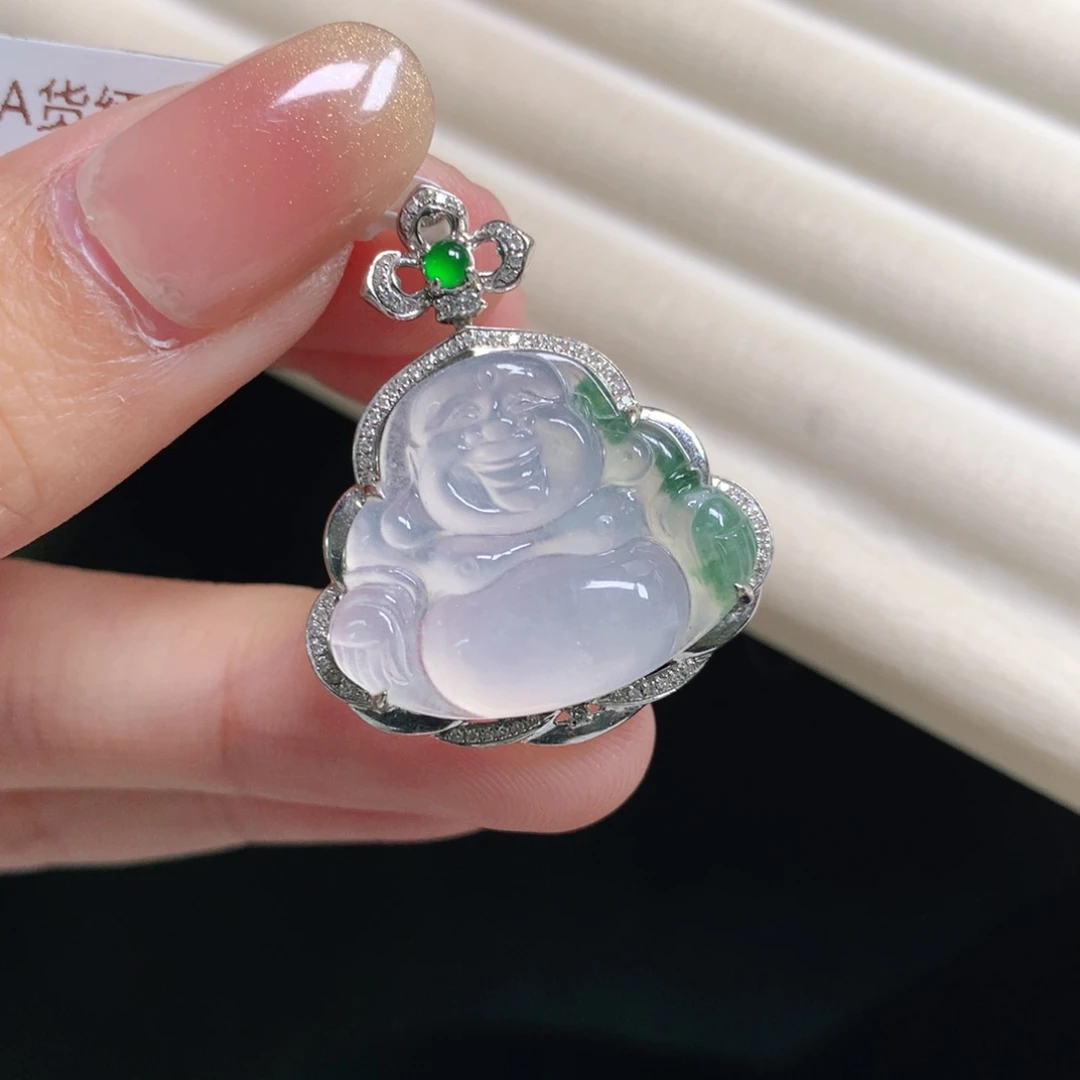 翡翠颈饰18K金镶嵌一刀切佛公