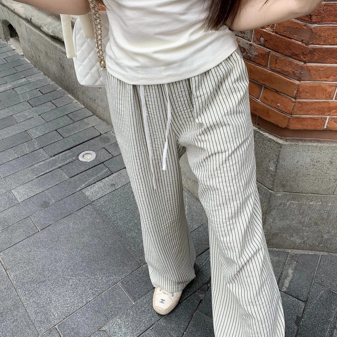 大眼自制Large eye松紧腰条纹裤格子裤休闲直筒裤