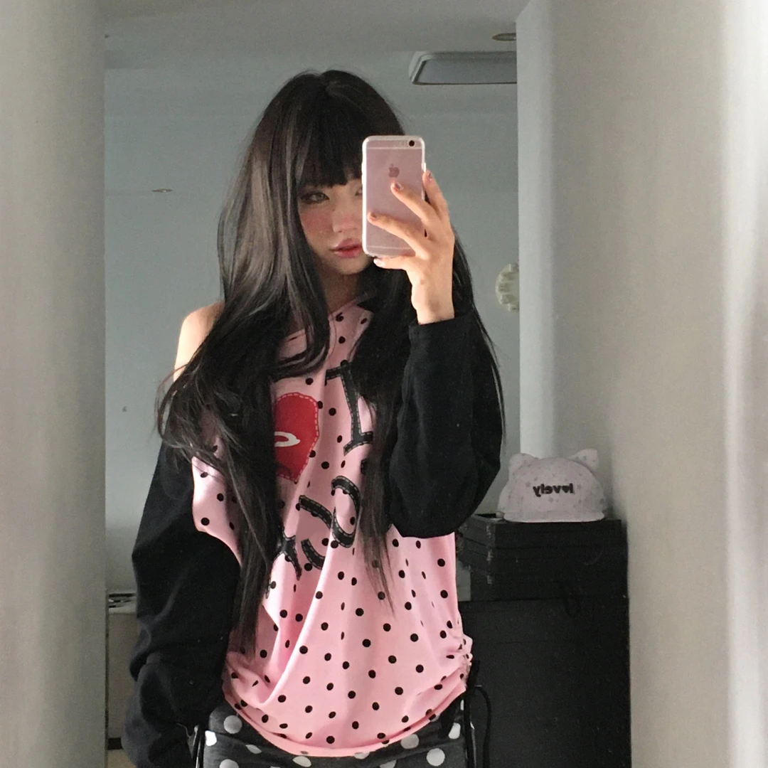美式爱心波点撞色长袖t恤女秋季新款拼接斜肩宽松插肩袖上衣ins