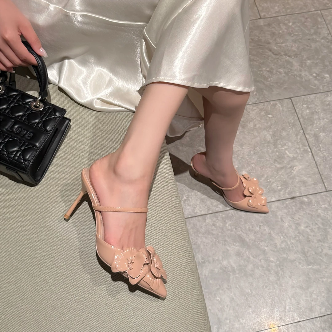 超美花瓣尖头高跟鞋女夏2025新款裸色尖头细跟凉鞋黑色凉拖鞋两穿