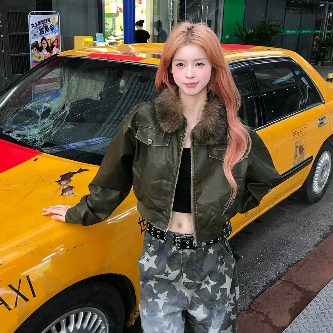 Holocene美式潮牌毛领皮衣外套女秋冬宽松高级感短款夹克3058-1