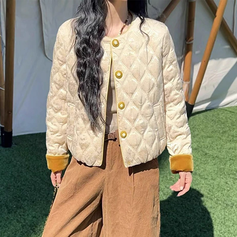 2026新款韩系潮流拼色圆领长袖棉服女时尚减龄气质显瘦设计感衣服