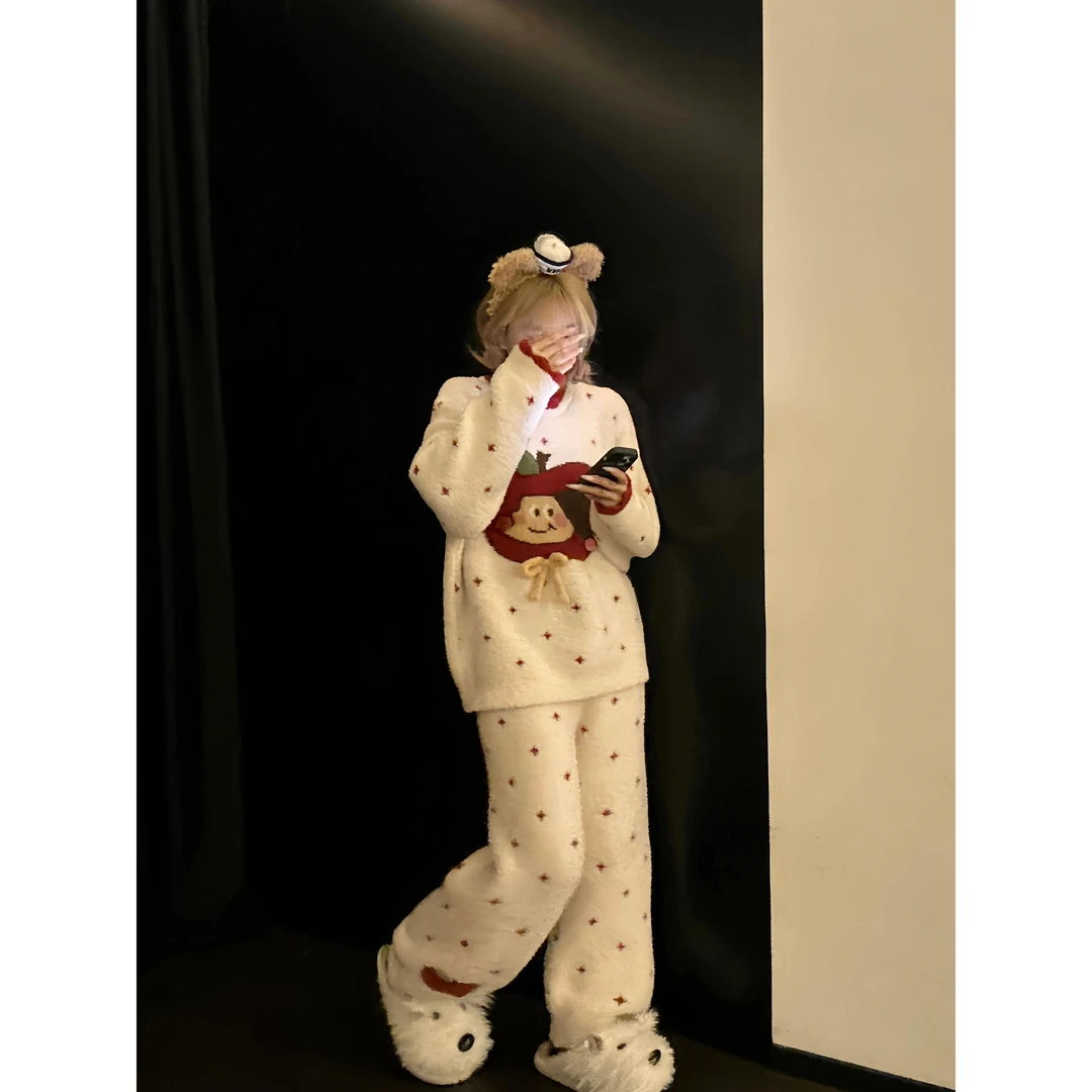 可爱简约卡通苹果针织半边绒睡衣女秋冬季新款加厚保暖家居服套装