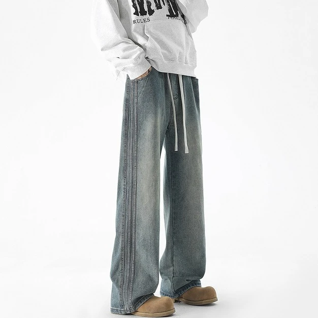 【AYANG 阿阳】新款侧骨耳仔全松紧腰头抽绳款宽松直筒百搭款男裤