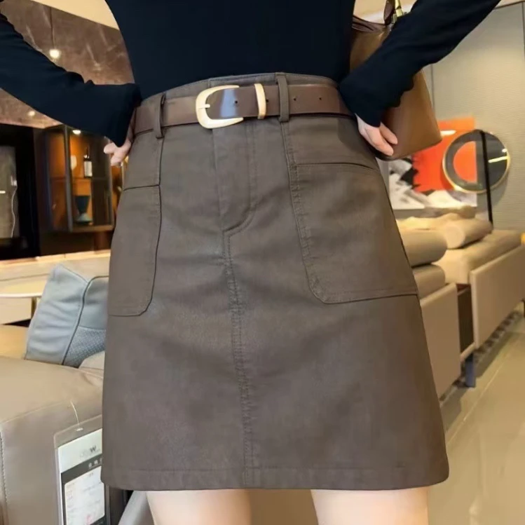 秋季新款高腰显瘦黑色A字皮裙女半身短裙防走光百搭