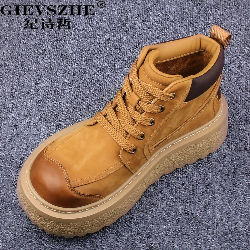 纪诗哲男士高帮加绒保暖棉鞋冬季新款真皮工装鞋厚底增高大黄靴男