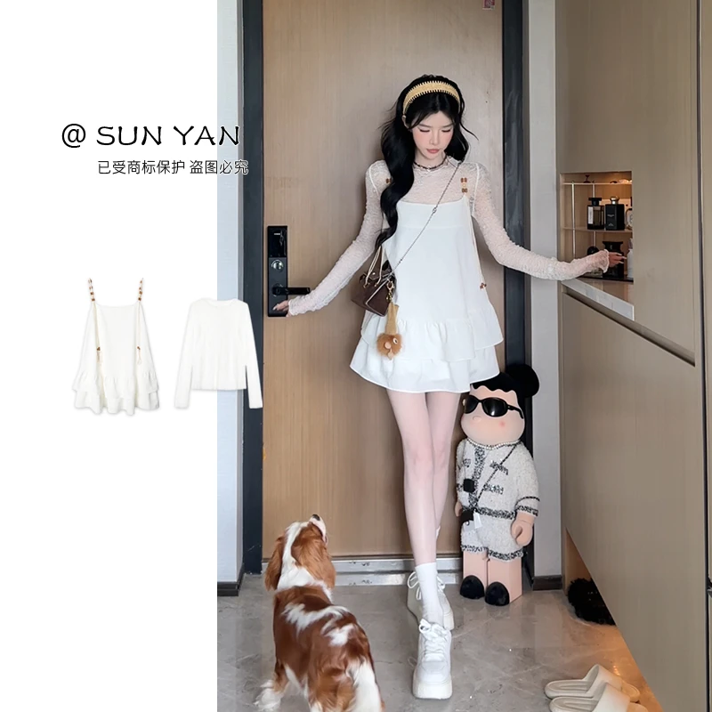 孙妍新款【茉白套装】设计感蕾丝打底 吊带提花娃娃裙套装两件套女