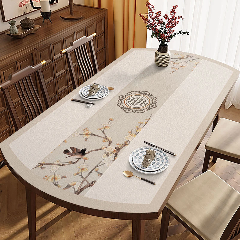 中式椭圆形餐桌布免洗防水防油防烫国风高档圆桌垫皮革茶几台布