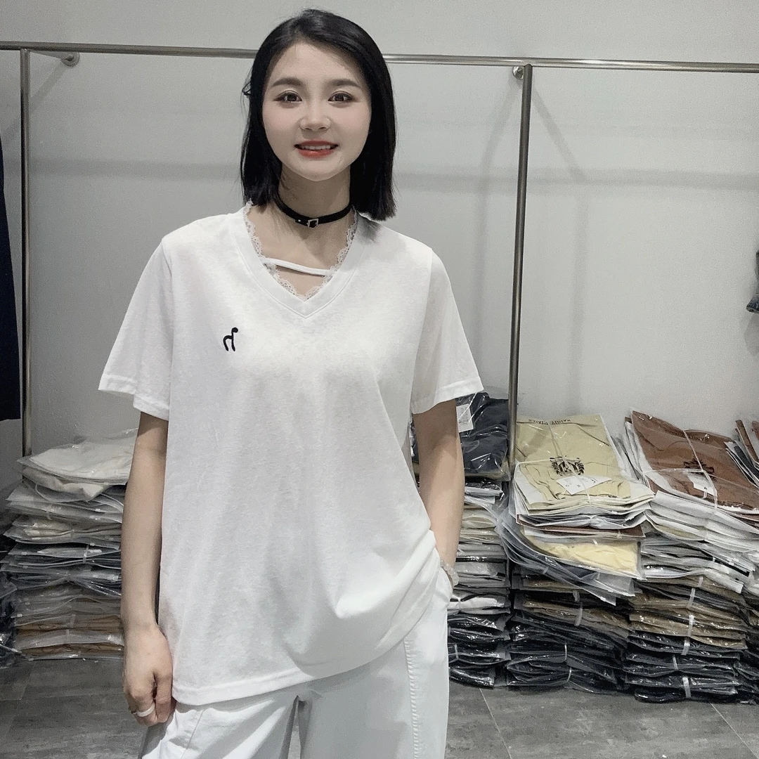 LMM 6519 韩系2025夏新款女宽松显瘦洋气百搭蕾丝花边V领短袖T恤