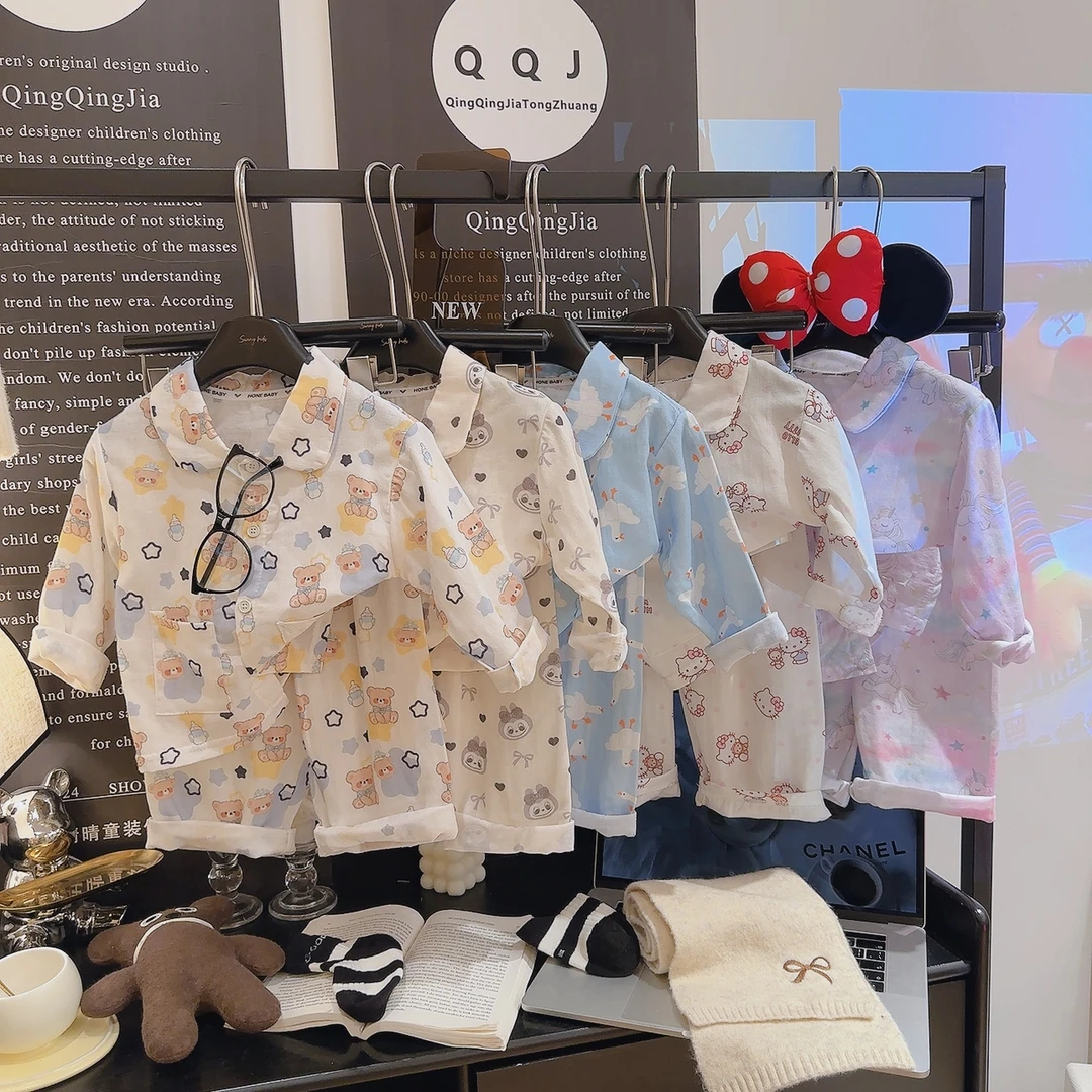 PINECONE亲子【纯棉双层纱家居服长袖套装】翻领纯棉纱布家居服休闲