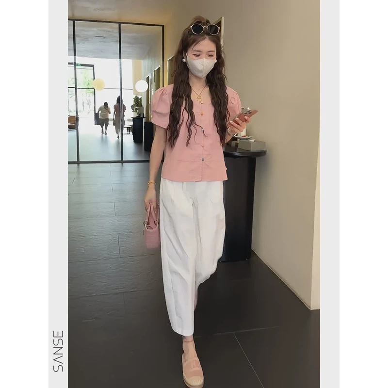 夏天穿搭一整套设计感泡泡袖衬衫九分休闲哈伦裤女装时髦洋气套装