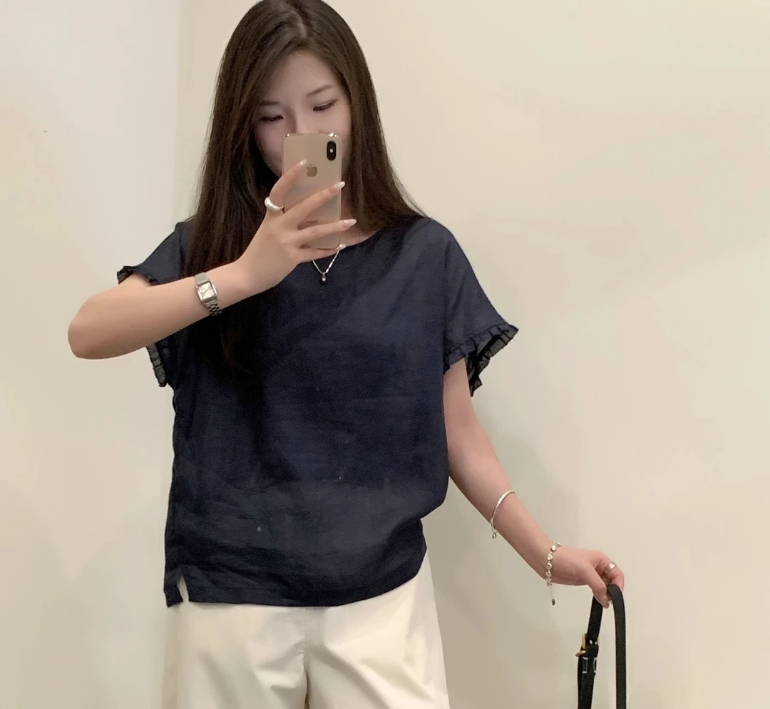 夏季新款圆领木耳边文艺纯色女士小衫2842