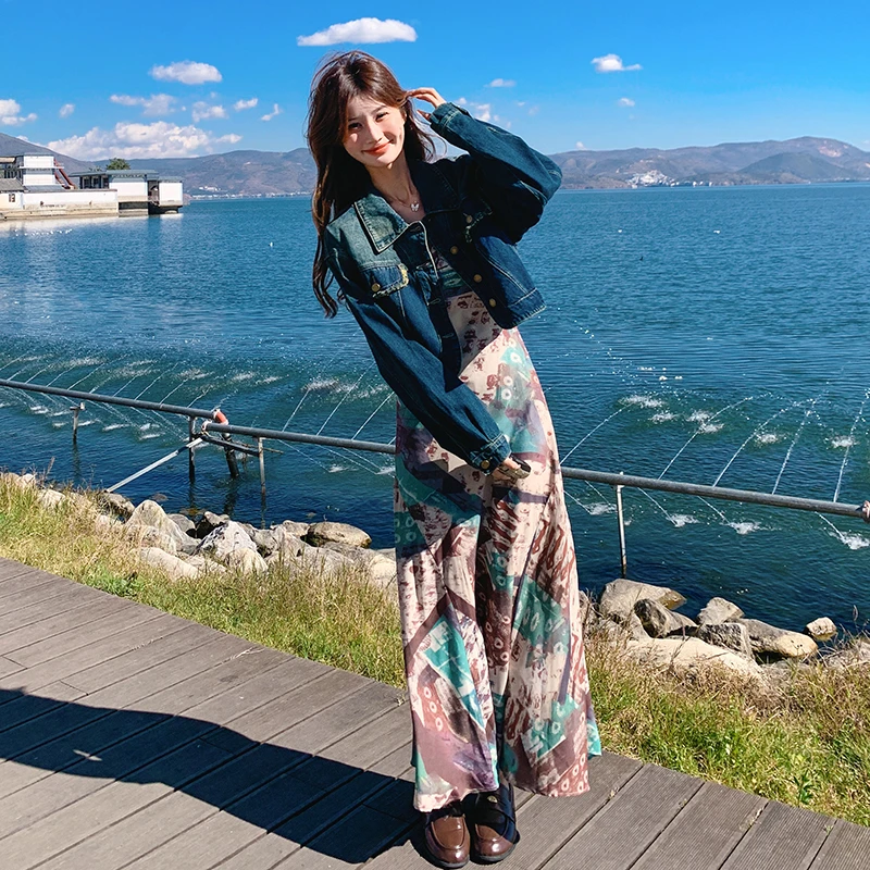 法式拼色印花吊带裙套装女2025年春季新款牛仔短外套连衣裙两件套