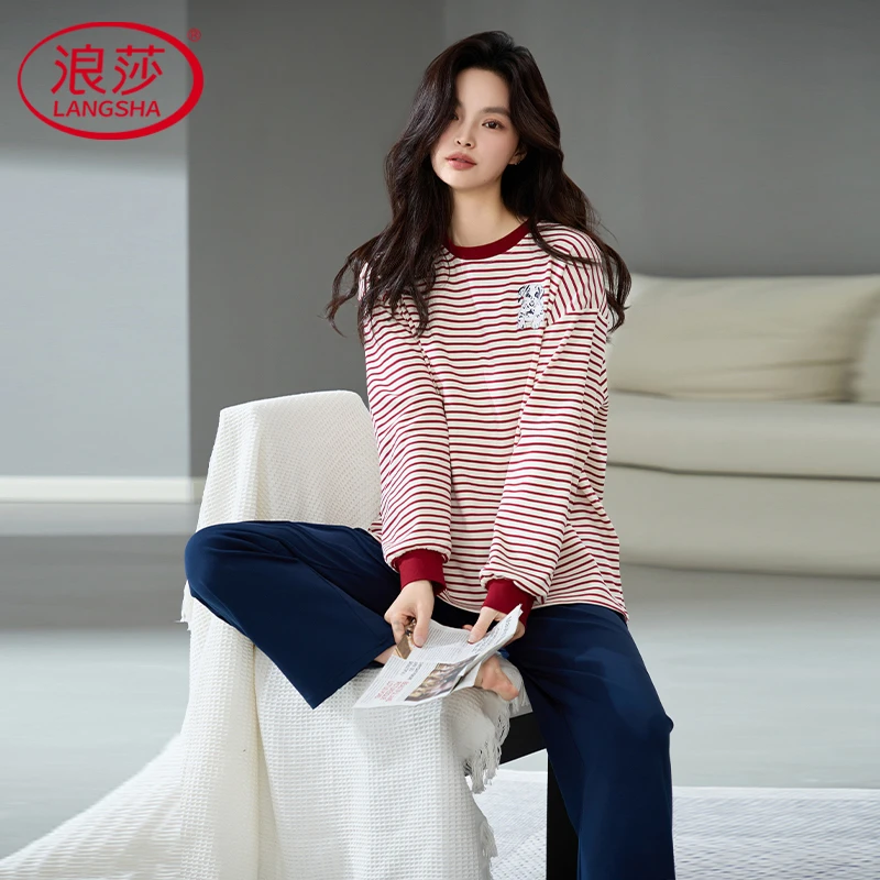 浪莎新款睡衣女士春秋季100%纯棉长袖长裤宽松大码休闲家居服套装