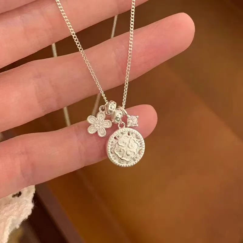 坠链均足银 9999 高端大气实心精美花朵罗盘项链 货号107
