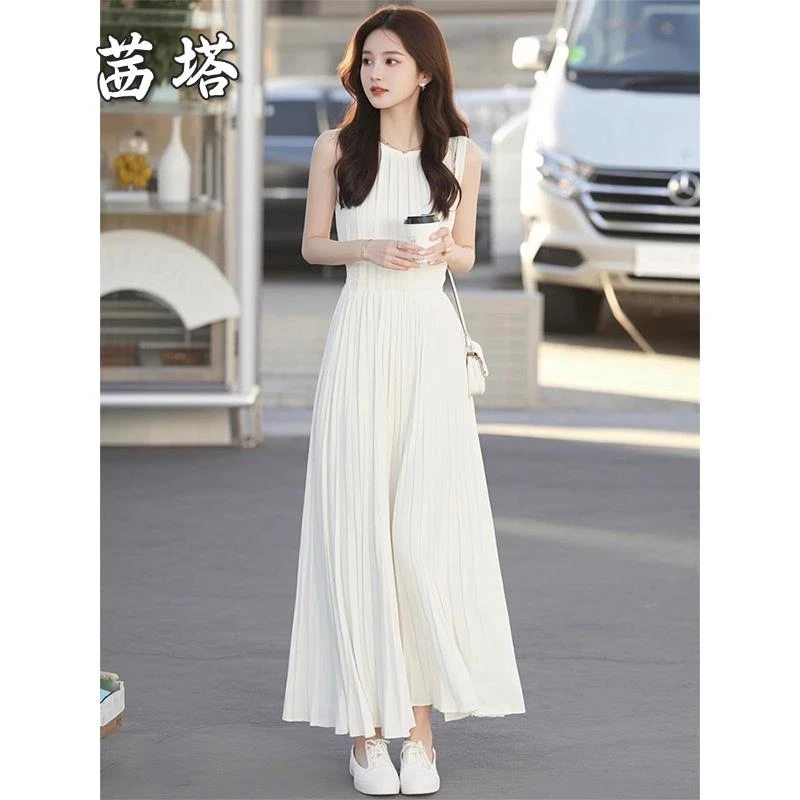 夏季端庄大气名媛女神范长裙高端精致高级感超好看白色无袖连衣裙