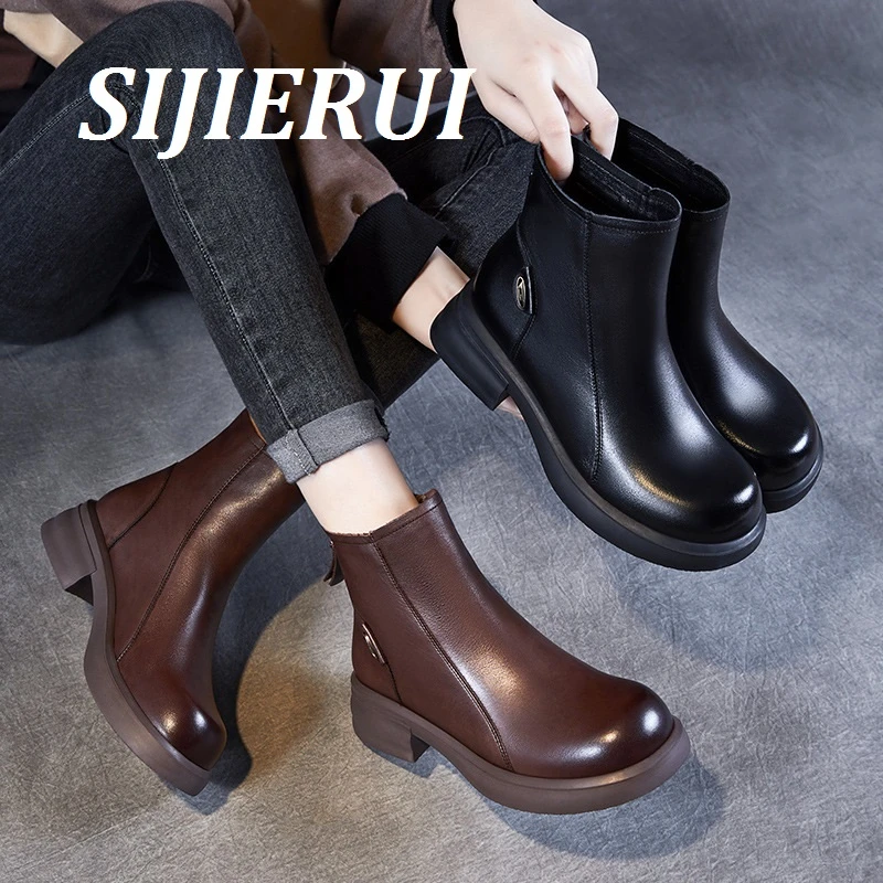 SIJIERUI2025年秋冬真皮马丁靴女时尚后拉链短筒靴女切尔西单靴子