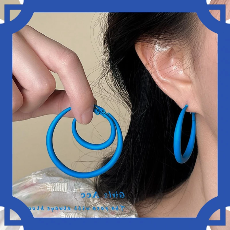 铜合金锆石耳饰 小众素款轻奢磨砂感蓝色大耳圈风多巴胺圆圈耳环