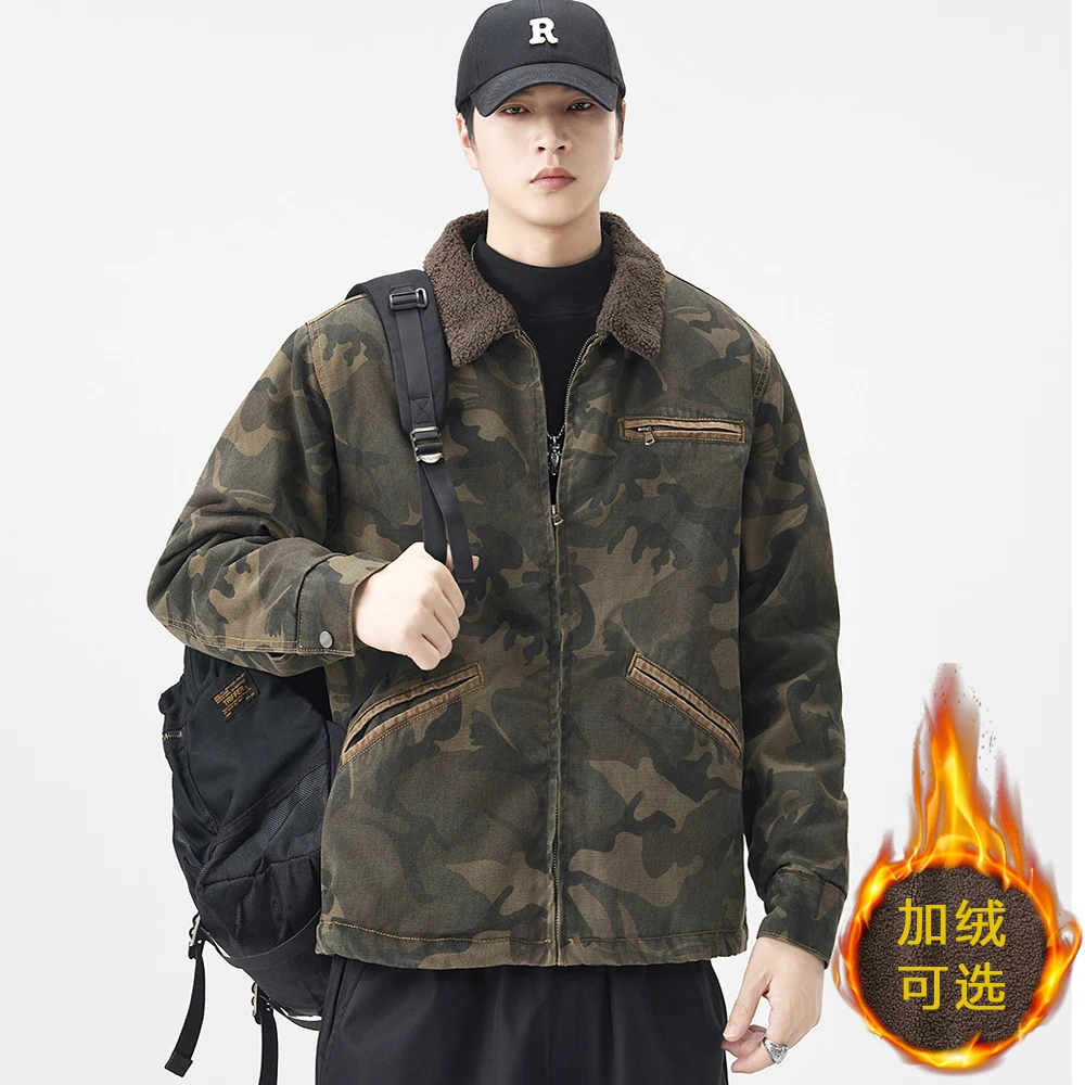 冬季新款迷彩外套加绒保暖翻领棉服男士棉衣休闲宽松户外男士夹克