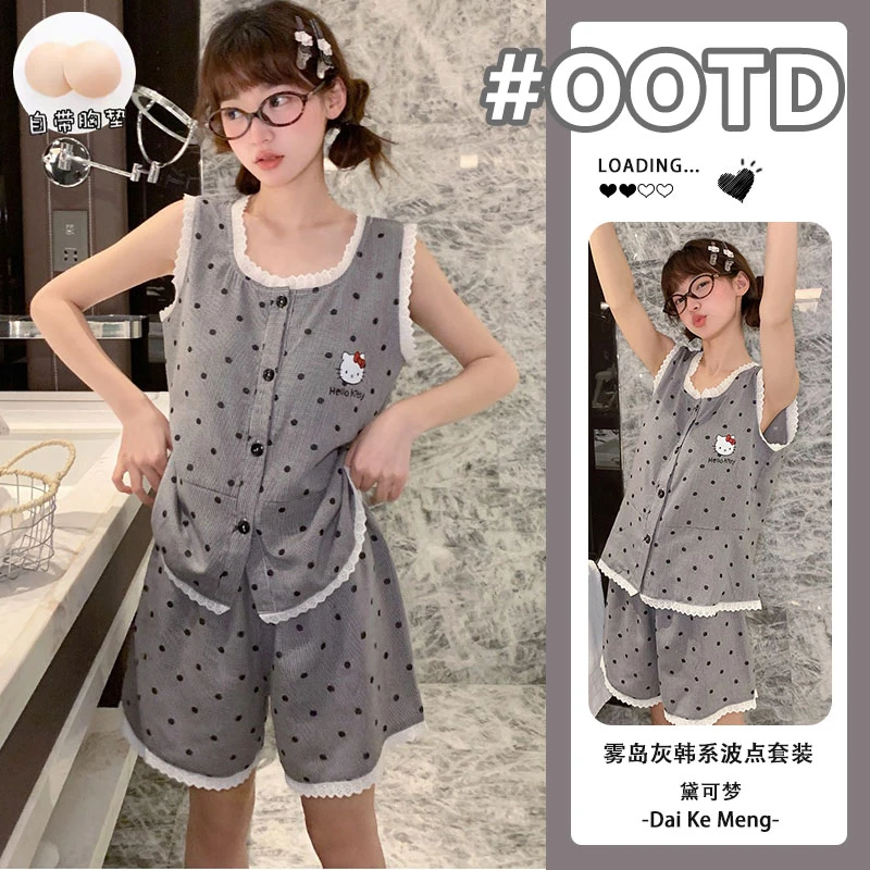 凯蒂猫睡衣女款夏季薄款带胸垫背心短裤可爱卡通波点家居服透气