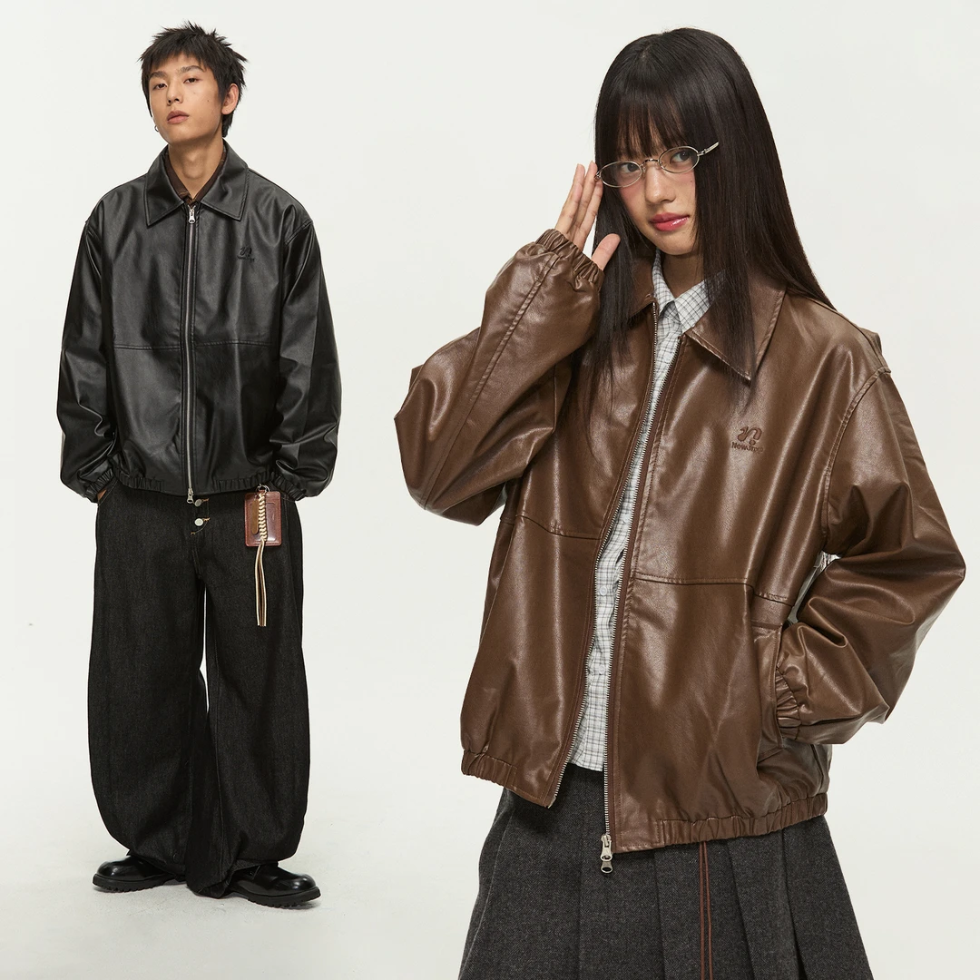 江南先生NewJNXS美式复古翻领双开拉链皮衣夹克男女秋休闲外套