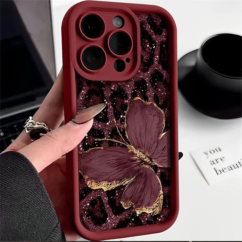 豹纹蝴蝶适用iphone16苹果手机壳15promax金刚砂14软13全包1211