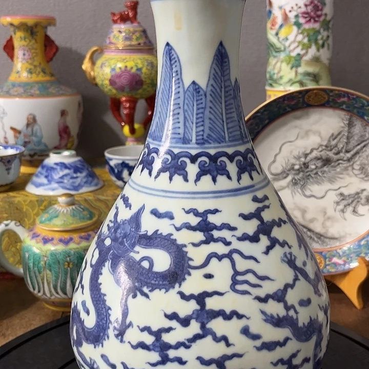 陶摆件青花蒜头瓶瓷器精品