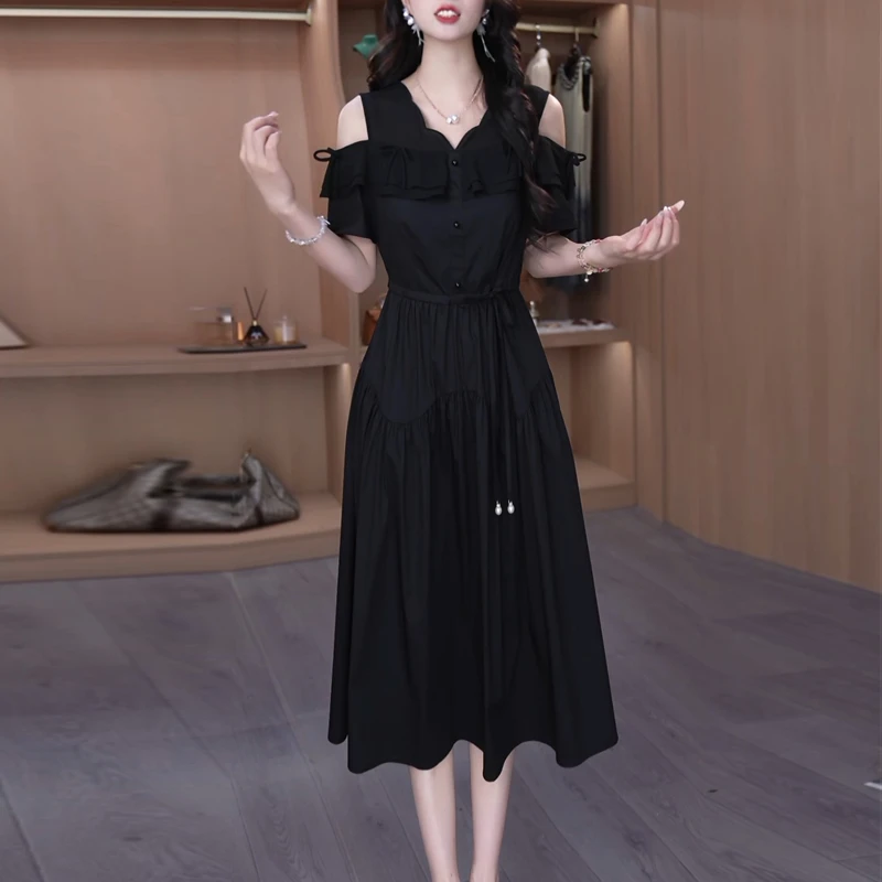 时尚赫本风高端连衣裙女2025夏季新款洋气减龄显瘦遮肉中长款裙子