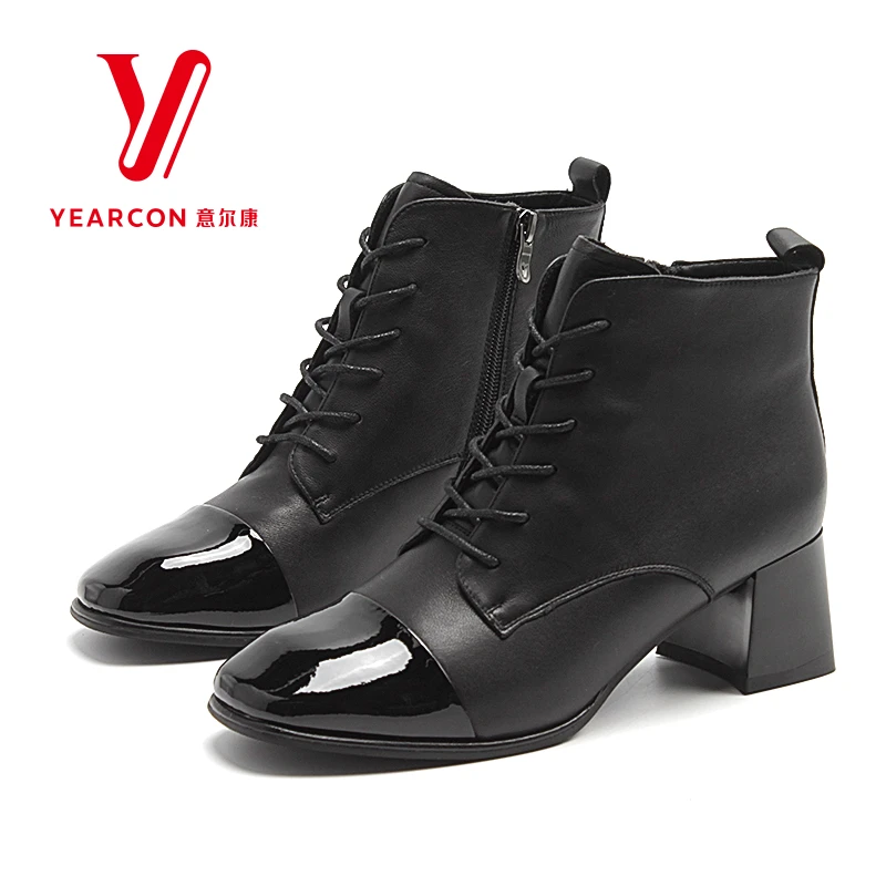 意尔康冬季新款女靴加绒短靴女粗跟女士皮靴职业时装靴102632