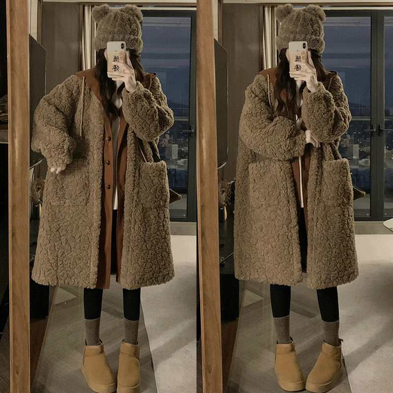 大码胖mm韩系假两件连帽毛毛外套女冬季慵懒风棉袄松弛感穿搭大衣