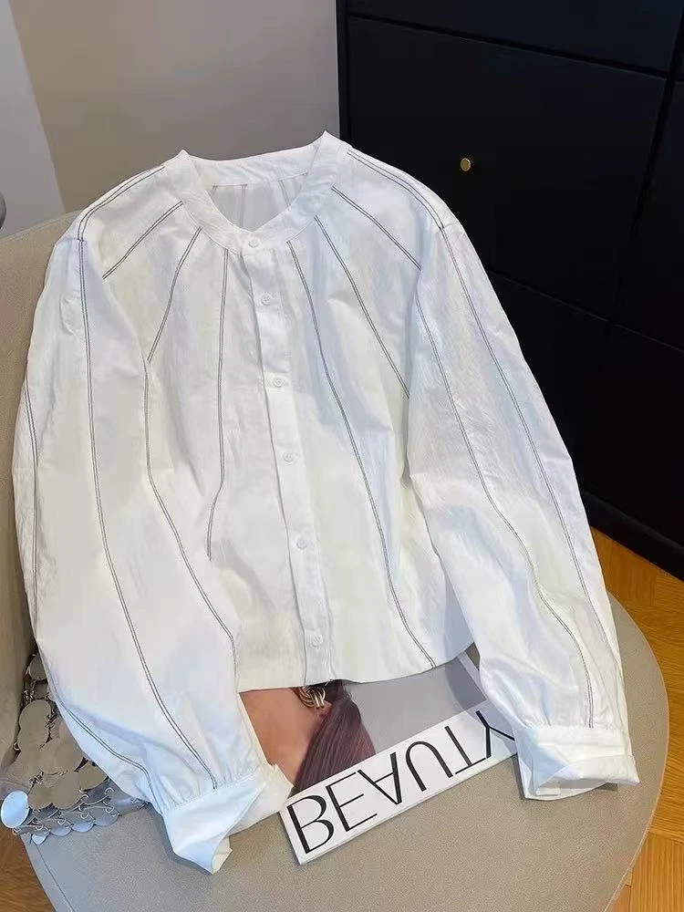 明线设计感小众白色衬衫女长袖2025新款宽松百搭圆领短款收腰上衣