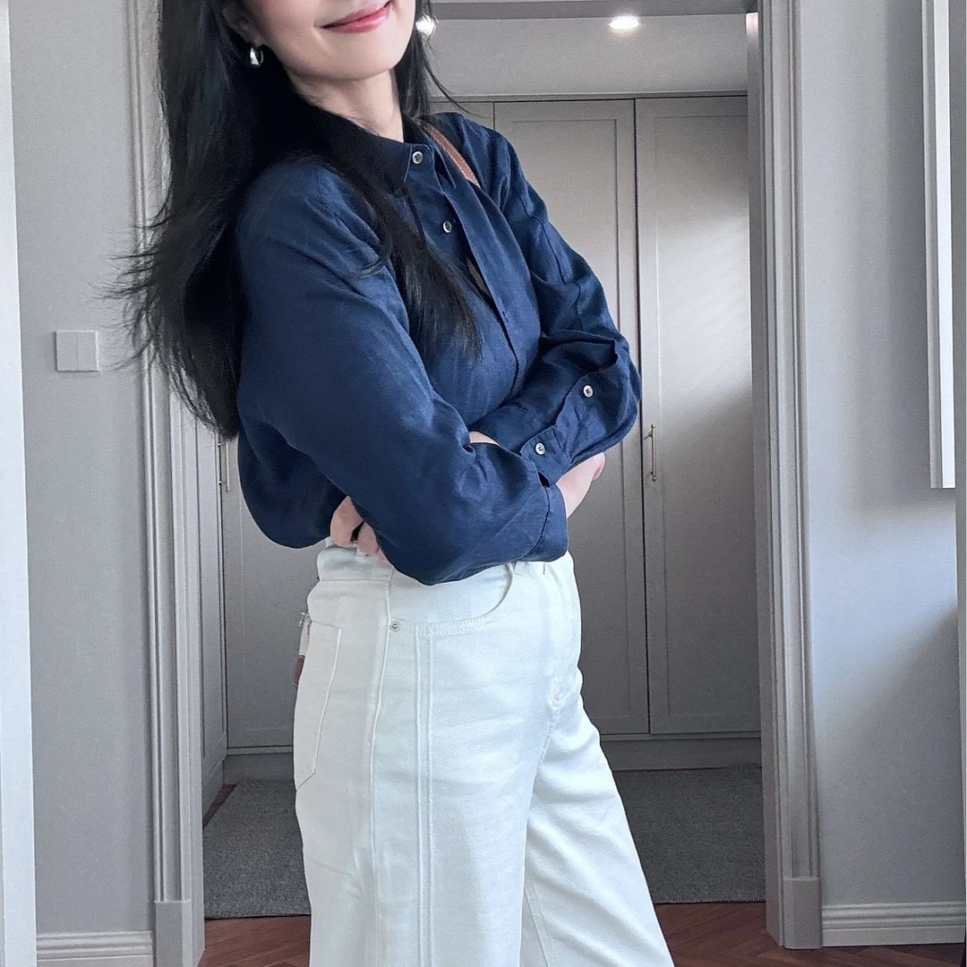 【安雅精选】“青青子衿”YD阔版亚麻白色衬衣衬衫气质蓝色长袖上衣