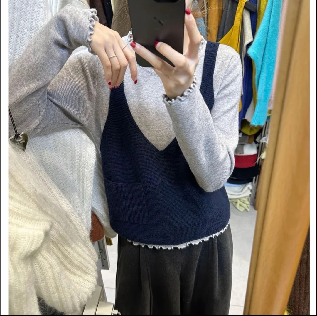 200斤大码针织秋季套头款不褪色毛针织衫网红撞色两件套百搭3002