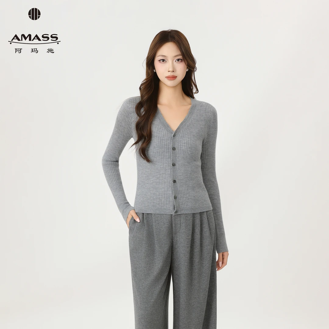 AMASS/阿玛施秋季流光风修身显瘦气质坑条山羊绒针织开衫女548042