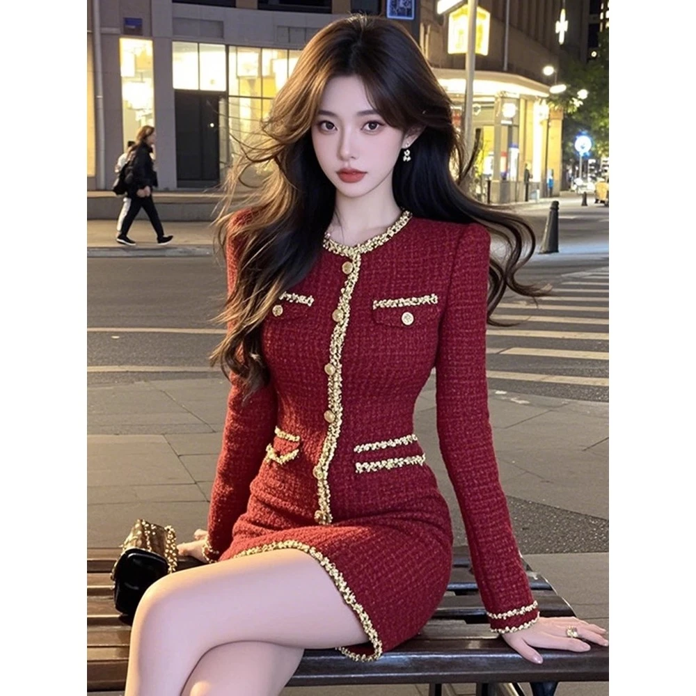 【KEKE】红色圆领小香风长袖连衣裙女秋富家千金轻奢性感收腰短裙