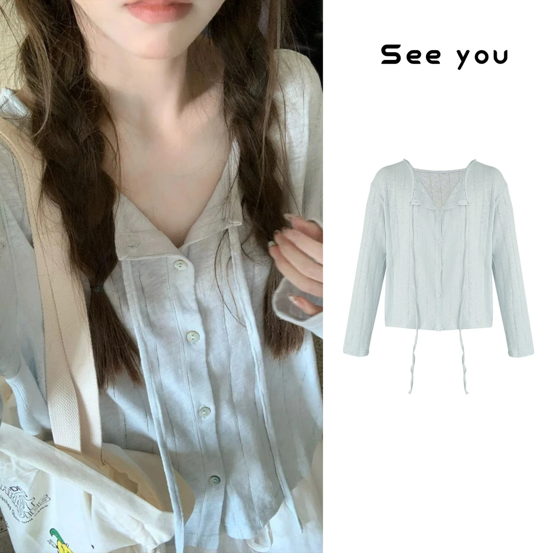 薄款温柔风蓝色开衫上衣女百搭罩衫长袖外套Y1241