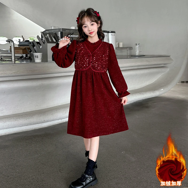 女童拜年服亮丝红色连衣裙加绒秋冬装中大儿童年服裙子中国风喜庆